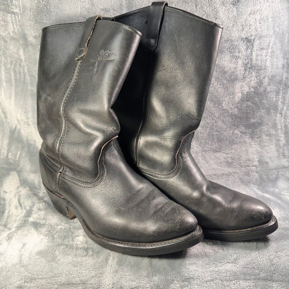 Mason Western Men's Black Leather Roper Packer Boots 9.5 B Narrow Vibram SoleUSA